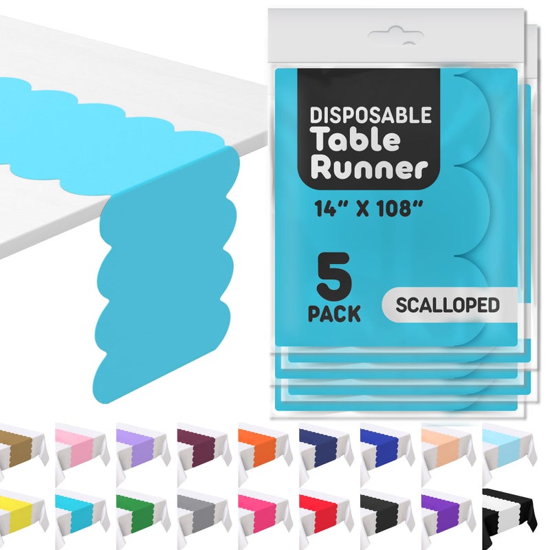 Swanoo Turquoise Plastic Disposable Table Runner. 5 Pack 14 x 108 inch. Scallop Table Runner Adds A Pop of Color to Your Party Table, by Swanoo - Image 1